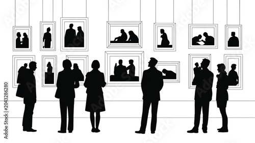 Gallery visitors depicted as black silhouettes looking at framed art pieces hanging on white walls in a modern museum interior setting with clean lines.