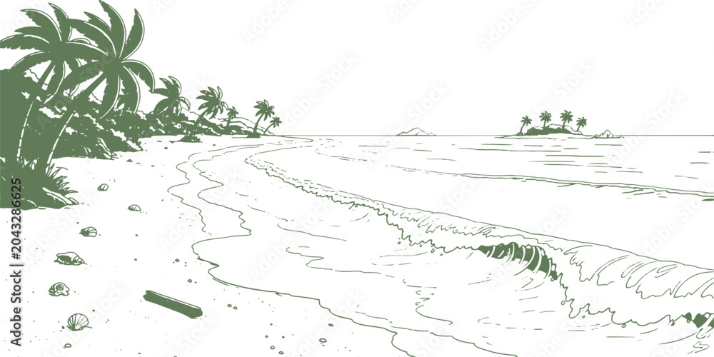 Fototapeta premium Hand drawn tropical beach and ocean landscape