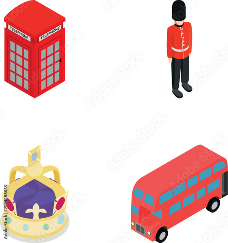 Photos British cultural symbols in an isometric vector art style on a white background