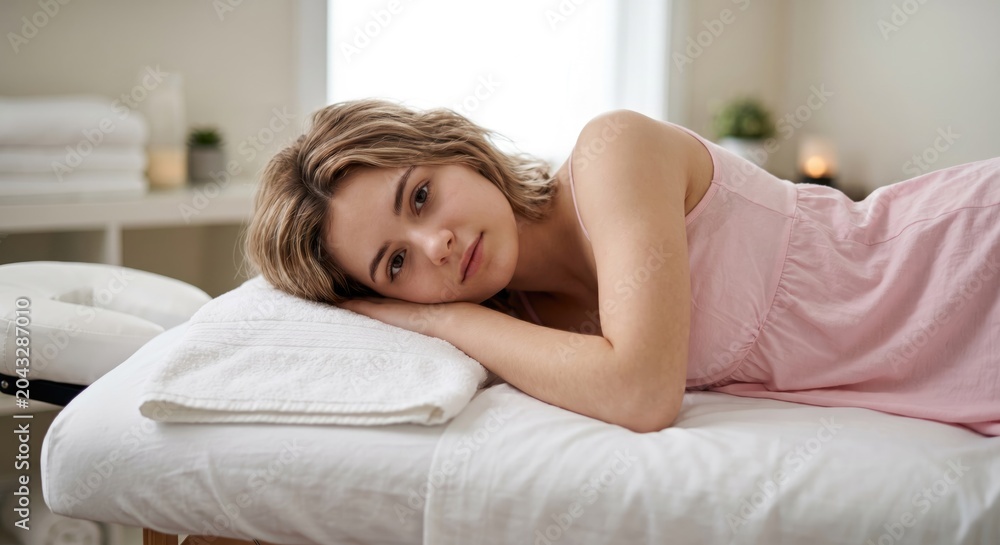 Naklejka premium Woman relaxing on massage table with white sheets and towel
