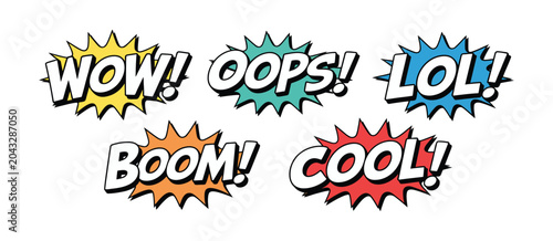 retro comic book speech bubble stickers with explanatory words, pop art expression labels vector set featuring dynamic dialogue shapes, colorful burst effects, and graphic illustration collection.