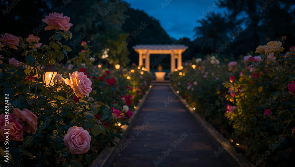 Obraz premium 夜のバラ園でライトに照らされた花が幻想的に咲く風景