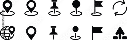 Navigation and location icons set black and white glyphs