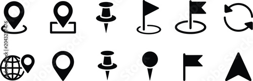 Location icons set map markers flags and navigation symbols