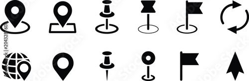 Navigation and location icons set black and white vector graphics
