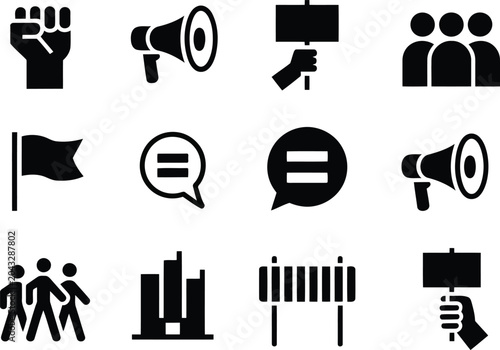 Protest and activism icons black silhouette set for social movements
