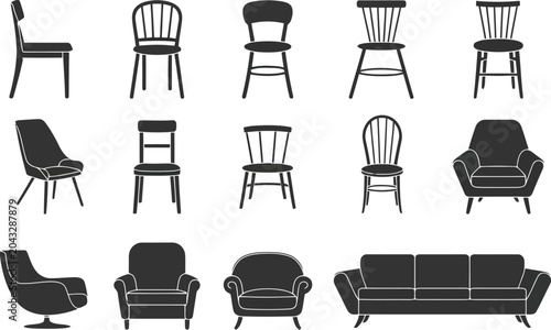 Furniture silhouettes collection chairs armchairs and sofa vector illustration