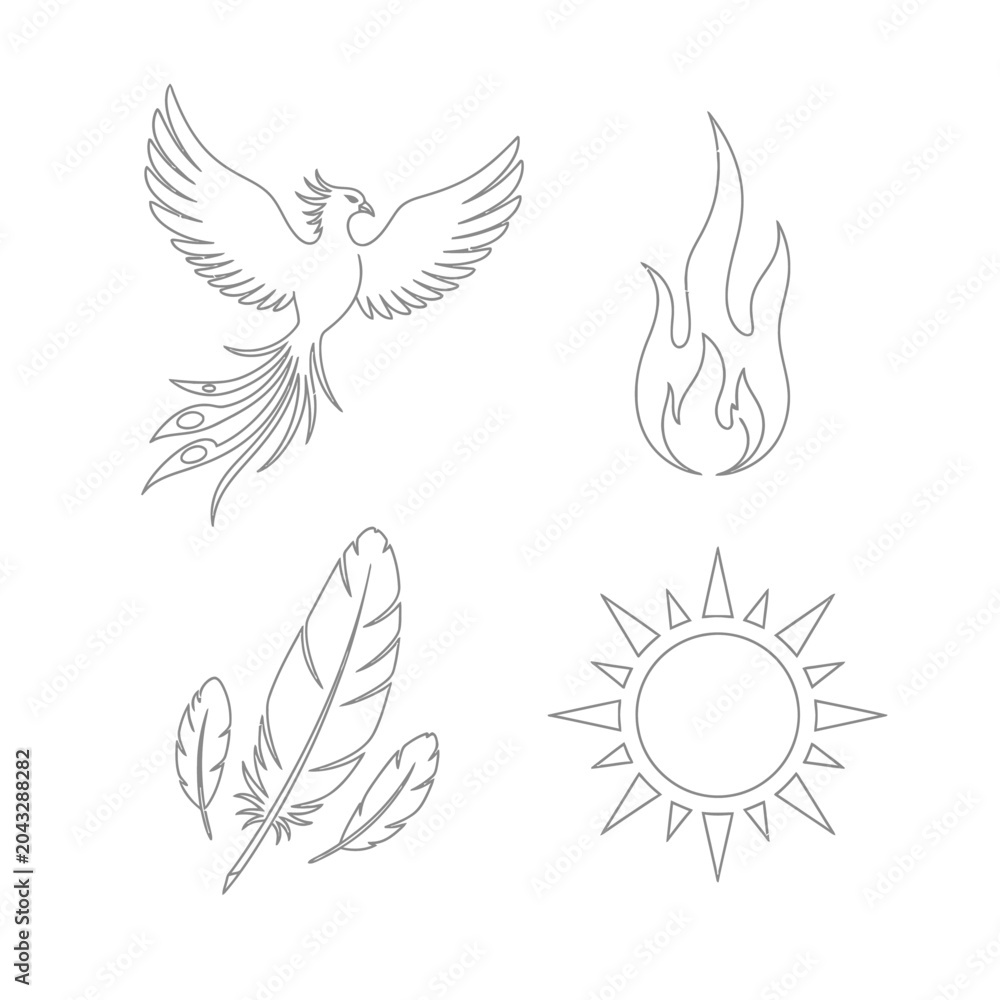 Obraz premium Abstract phoenix sun fire feather elements isolated on white background