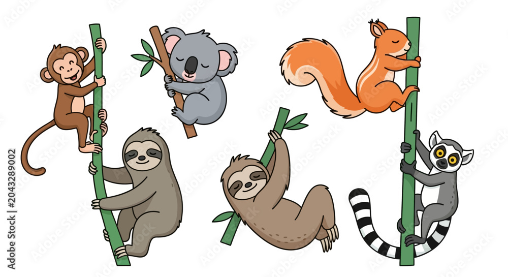 Obraz premium Cartoon animals clinging to branches isolated on white background