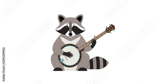 Cartoon raccoon plays banjo musical instrument isolated on white background