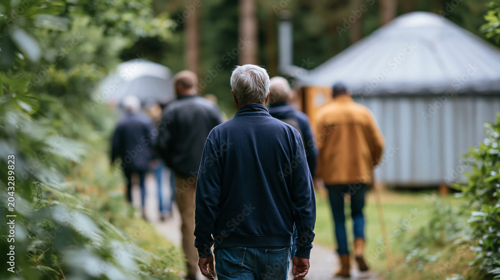 Obraz premium Faceless group of mature male friends walking along path through yurt campsite, male grouping, path walking, campsite exploration, with copy space