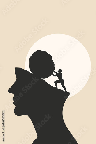 Bild auf Leinwand Sisyphus Struggle with Hard Work, Progress and Victory Concept Illustration