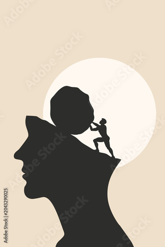 Tableau sur toile Sisyphus Struggle with Hard Work, Progress and Victory Concept Illustration