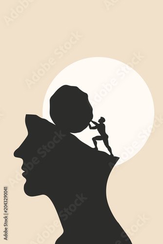 Bild auf Leinwand Sisyphus Struggle with Hard Work, Progress and Victory Concept Illustration