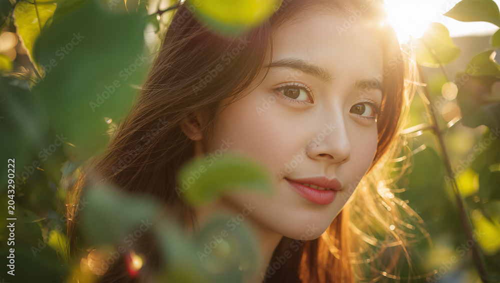 Fototapeta premium 光に包まれた日本人女性の目元と肌を美しく写した写真