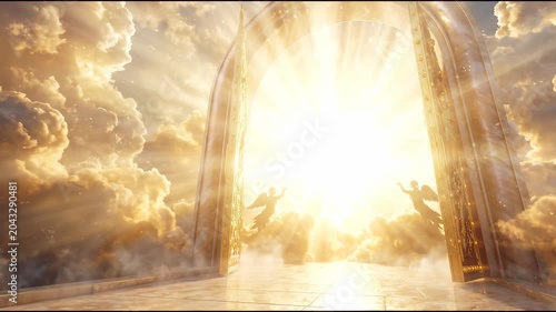 Opening gates of heaven with large ornate realistic golden doors, powerful divine golden light bursting through gate opening