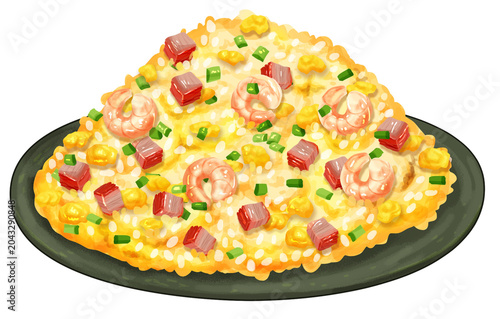 Foto Hand Drawn Illustration of Cantonese Fried Rice with Prawns Diced Pork and Sweet
