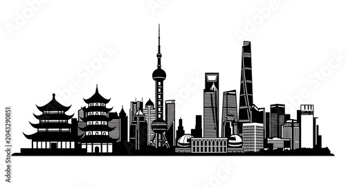 Silhouette of shanghai skyline with traditional buildings