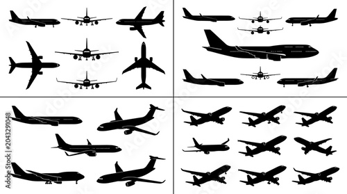 Foto Commercial Passenger Airplane Silhouette Collection with Multiple Flight Angles