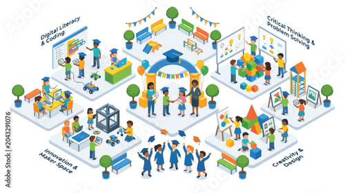 Isometric vector illustration of children learning modern skills in school including digital literacy coding innovation maker space critical thinking and design
