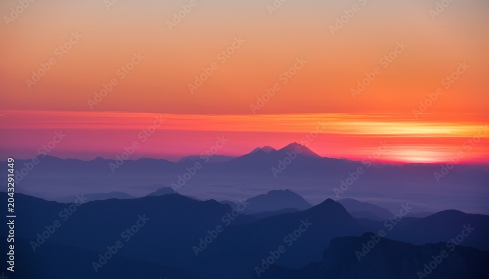 Obraz premium The Horizon Is Painted In Delicate Shades Of Pink And Orange As The Sun Sets Behind Distant Mountains