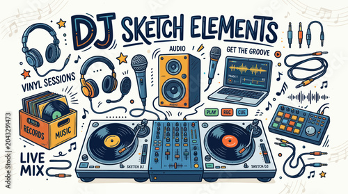Cuadro en lienzo DJ Sketch Elements: Turntables, Mixer, Headphones, Microphones, Records