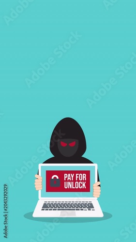 Ransomware Cyber Attack Concept – Hacker Demanding Payment to Unlock Laptop, Malware Cybercrime, Data Encryption Extortion, Cybersecurity Threat	
