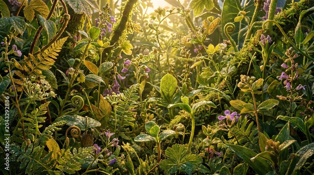 Fototapeta premium A vibrant, sun-drenched close-up of a dense jungle floor, showcasing a rich tapestry of green foliage, diverse plant life, and small purple flowers bathed in golden light.