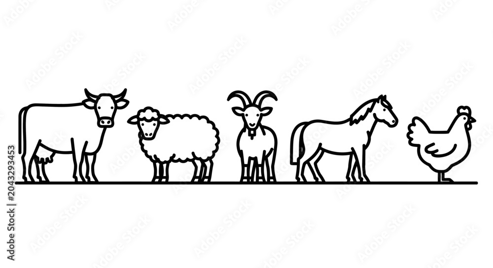 Obraz premium Outlined farm animals cow sheep goat horse and chicken silhouettes