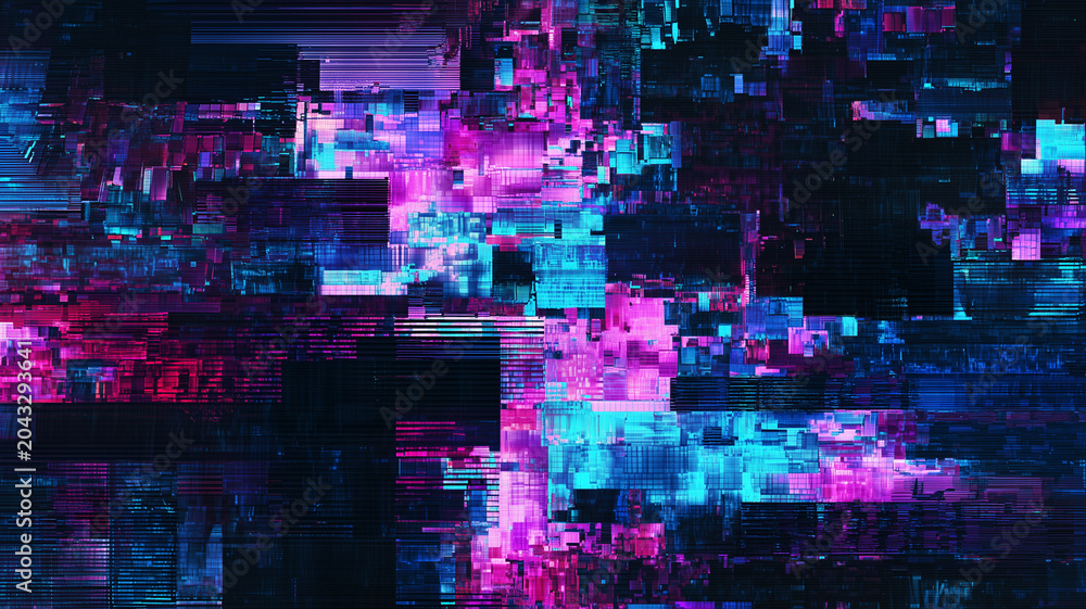 Obraz premium Cyberpunk pixel grid glitch texture with purple and blue lights