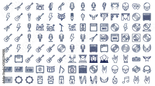 Rock Music Icons Set: Guitars, Drums, Microphones, Skulls, Vinyl Records