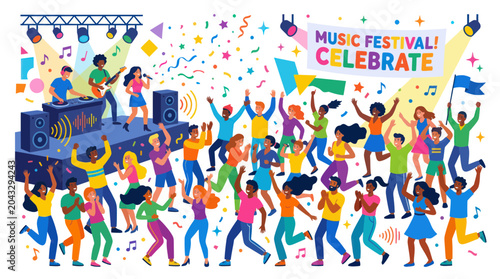Diverse Crowd Celebrating at Music Festival, Dancing and Cheering