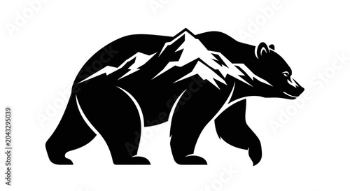 Silhouette bear with mountain range inside, black and white, nature symbol