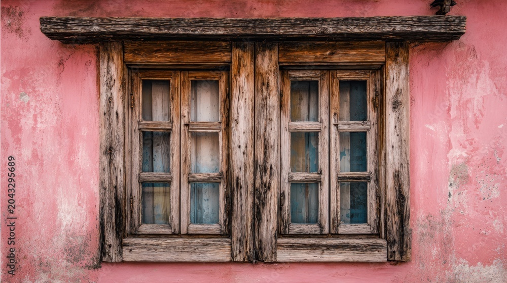 Fototapeta premium Rustic weathered wooden window on aged pink stucco wall, vintage charm