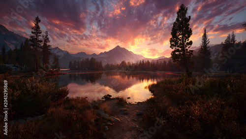 Scenic alpine lake landscape at sunset with mountain peaks reflected in the water, surrounded by evergreen pine forests and a vibrant sky with orange, pink, and purple clouds.