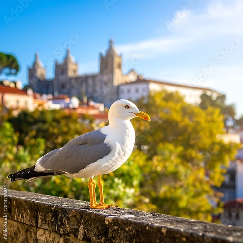 Seagull standing on a wall overlooking city.