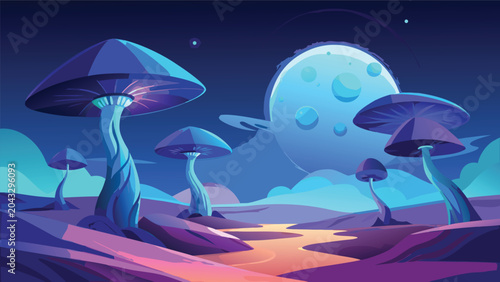 Foto Alien mushrooms glowing in surreal landscape with planet during twilight vector