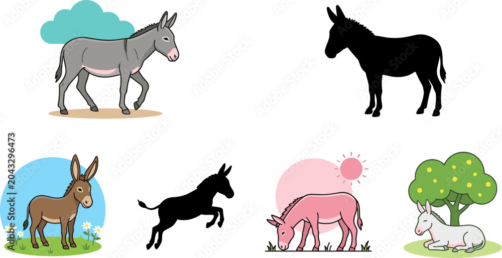 Fototapeta premium Five donkey illustrations in varied styles and settings, including silhouettes, colorful designs, grazing, jumping, and decorative environments