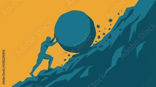 Fotografi Man pushing heavy boulder up steep hill, concept of effort and perseverance