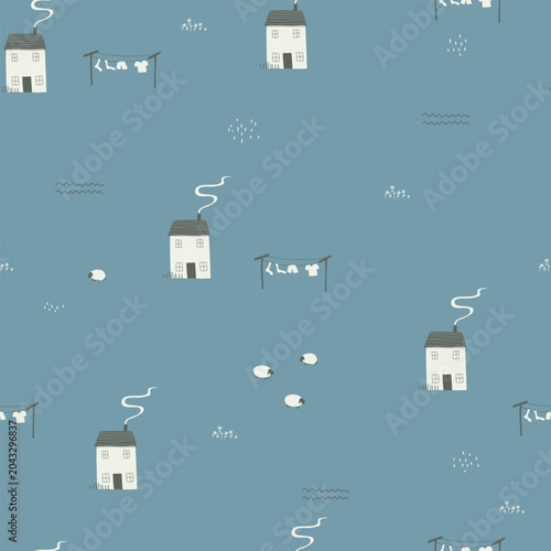 Hand drawn pattern with houses, sheeps, plants on blue background. Vector summer illustration.