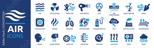 Obraz na płótnie Ventilation and climate control vector icons illustrating air quality, oxygen, w