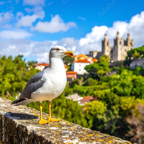 Seagull standing on stone wall overlooking cityscape.