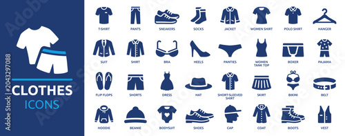 Foto Collection of flat icons representing various clothing items and accessories for