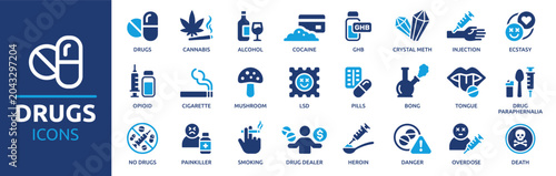 Photos Detailed vector icon set depicting substance abuse, drug addiction, prevention,