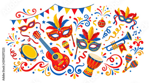 Bild auf Leinwand Carnival Party Celebration with Masks, Guitar, Drums, and Trumpet