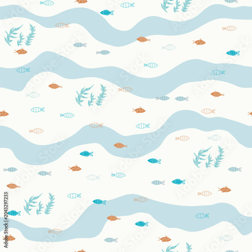 Cute hand drawn line fishes, wave lines and sea weeds on white background. Vector illustration with sea animals.