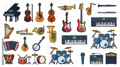 Bild auf Leinwand Collection of Musical Instruments, Various Genres: Classical, Rock, Jazz