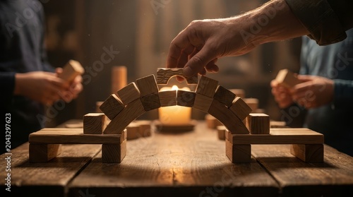 Hand building conceptual wooden bridge with blocks indoors