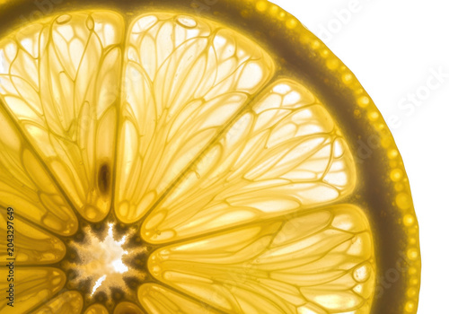 Macro closeup of a fresh lemon slice isolated on transparent background