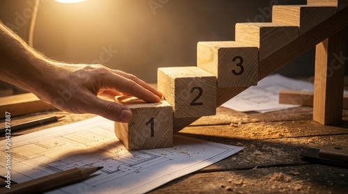 Hand building wooden stairs with numbered blocks on blueprints